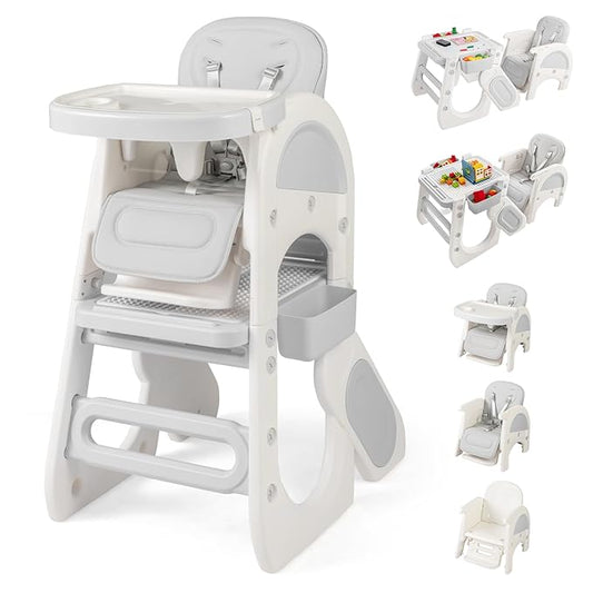BABY JOY Baby High Chair, 8 in 1 Convertible High Chairs for Babies and Toddlers, Building Block Table and Chair Set, Adjustable Backrest, Removable Double Tray, Storage Boxes, Safety Harness (Gray)
