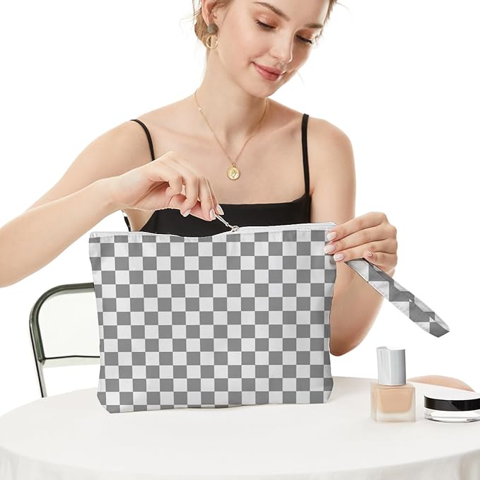 Fokongna Wet Bag, Small Portable Waterproof Multi-Functional Organizer for Women, Ideal for Daily, Beach & Travel，Grey White Checkerboard