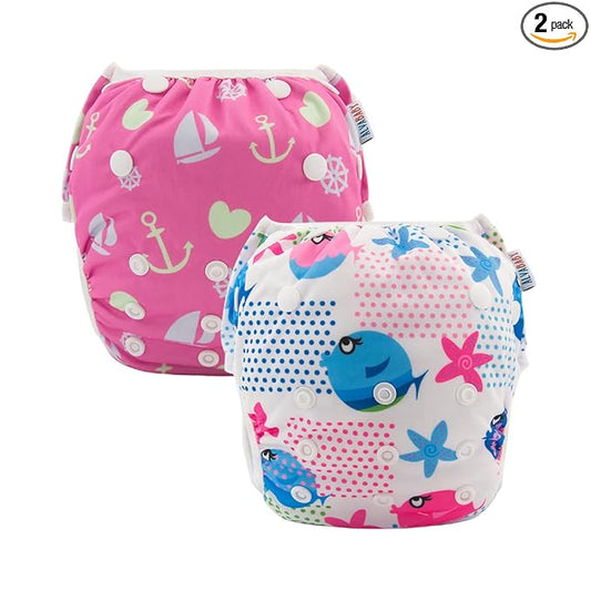 ALVABABY Swim Diapers 2pcs Baby & Toddler Snap One Size Reusable Adjustable Swim Diapers for Swim Classes Small