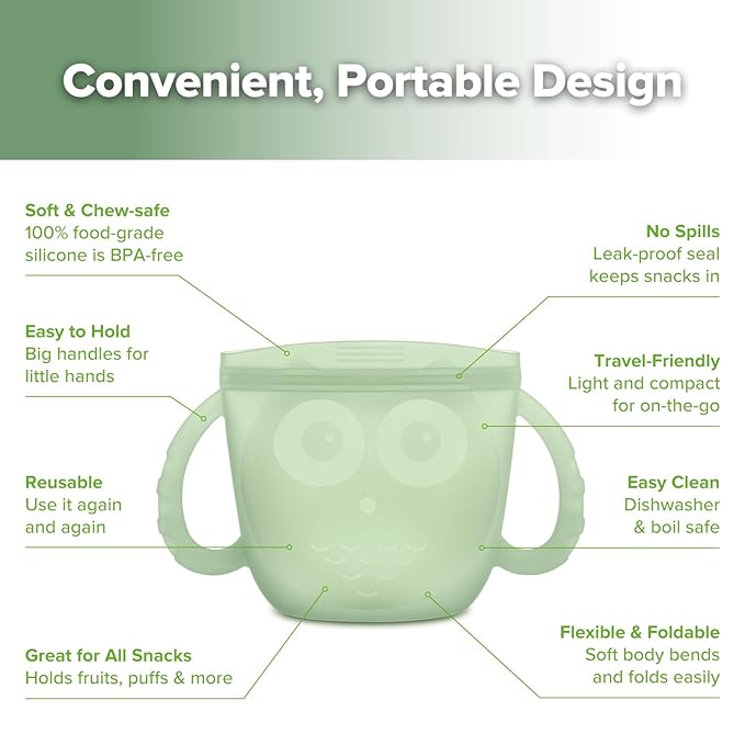 Haakaa Oscar Owl Baby Snack Container-Silicone Travel Snack Pouch for Toddlers,Spill Proof Toddler Snack Cup, Reusable Snack Bags for Infant On-The-Go,BPA Free- Pea Green