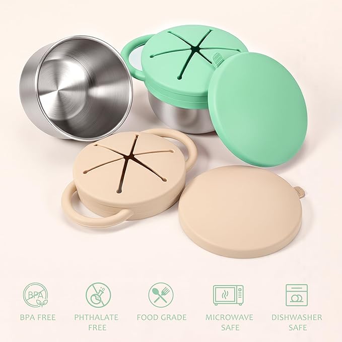 Stainless Steel Snack Containers with Lids, Snack cups with Silicone Food Catcher for Toddlers (Color 3)