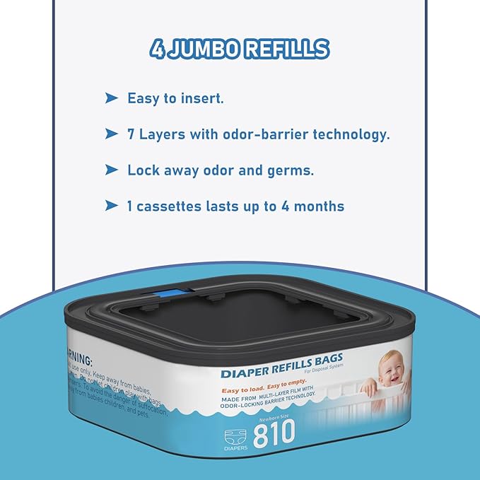 Jumbo Square Refills Disposal Bags Refill Compatible with Diaper Genie Classic, Compact and Select Pails, Hold Up to 810 Newborn-Sized Diapers Per Refill, Pack of 3
