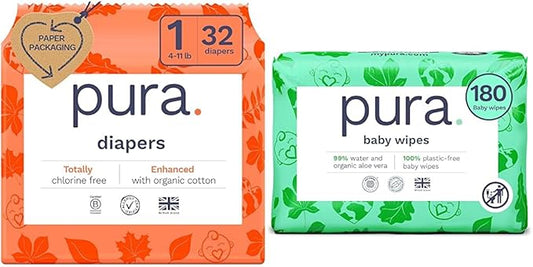 Pura Hypoallergenic Trial Pack Diapers Size 1 (4-11 lbs) + Natural Sensitive Baby Wipes Starter Bundle | Organic Cotton, Chlorine-Free, Fragrance-Free, EWG Verified, for Sensitive & Eczema-Prone Skin