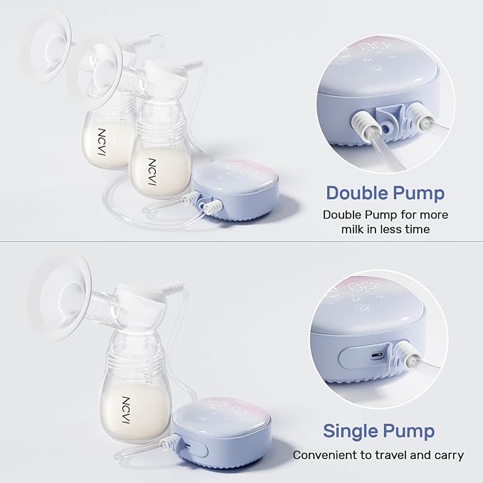 NCVI Double Electric Breast Pump 8122, Portable Milk Breastfeeding Pump with 4 Modes 9 Levels, Hospital-Grade Suction 280mmHg with 17/19/21/24mm Flanges for Home, Office and Travel, USB Rechargeable
