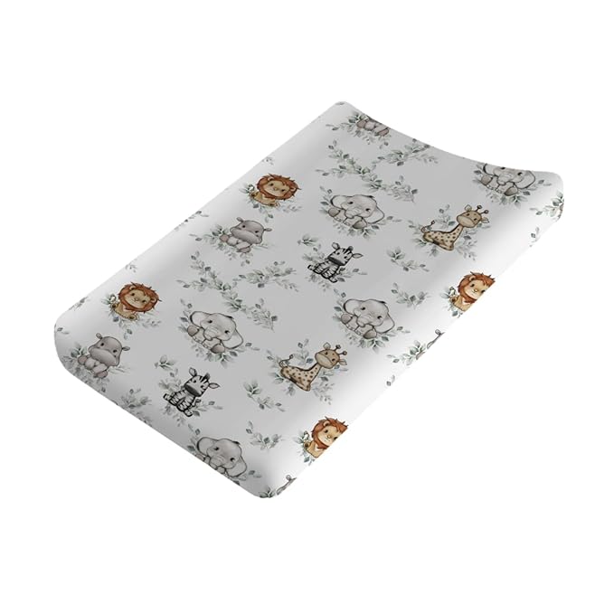 Baby Jungle Safari Animals Boho Leaves Changing Pad Covers Elephant Giraffe Zebra Lion Hippo Diaper Change Table Sheets for Girls Boys Soft Stretchy Snug Fitted Changing Mats Cover 32''x16''