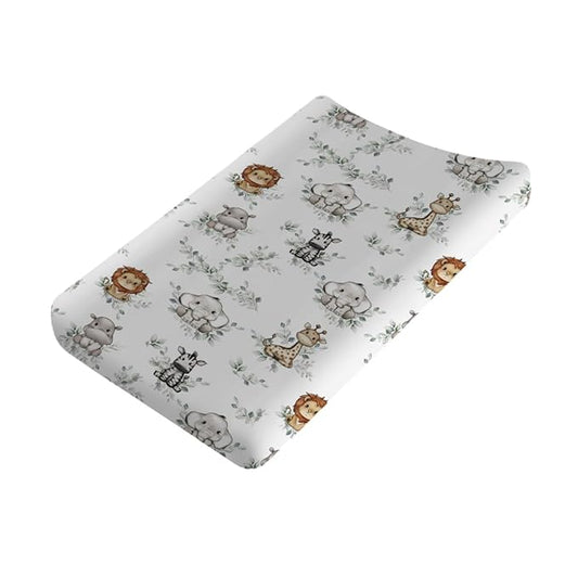 Baby Jungle Safari Animals Boho Leaves Changing Pad Covers Elephant Giraffe Zebra Lion Hippo Diaper Change Table Sheets for Girls Boys Soft Stretchy Snug Fitted Changing Mats Cover 32''x16''