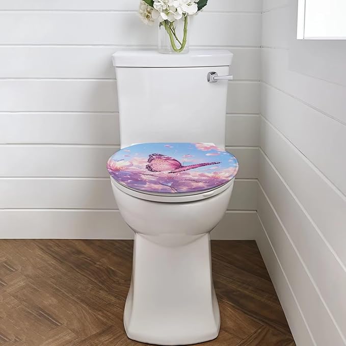 Pink Butterfly Toilet Lid Cover Protector Soft Flannel Fabric Toilet Cover Set Stretch Washable Protector Cover Suitable for Home School Hotel Dormitory Apartment