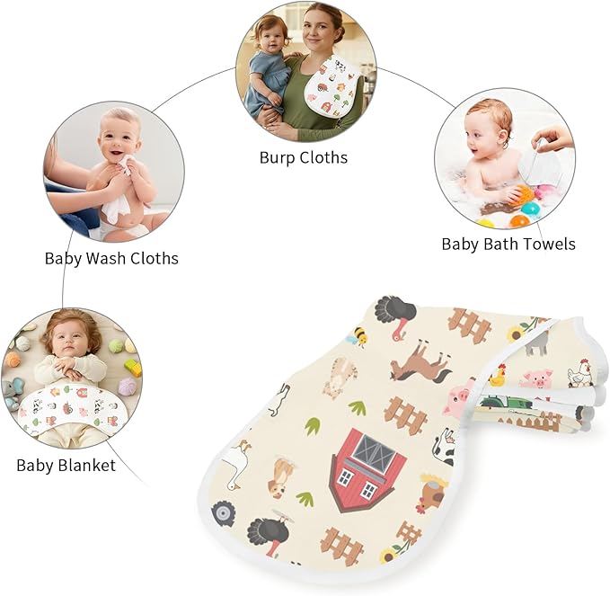 6 Pack Farm Burp Cloths Baby Boys Girls with Farm Animals Pattern, Large Cotton Burp Rags for Newborns Gifts Nursery Decor Extra Soft and Absorbent 9.8X19.6inches