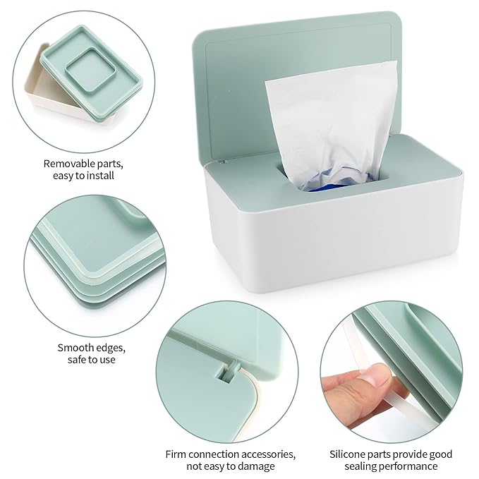 2Pcs Diaper Wipes Dispenser, Refillable Wipe Container, Wipe Container with Sealing Design Lid, Keep Wipes Fresh,Wet Wipes Cases (White/Green)