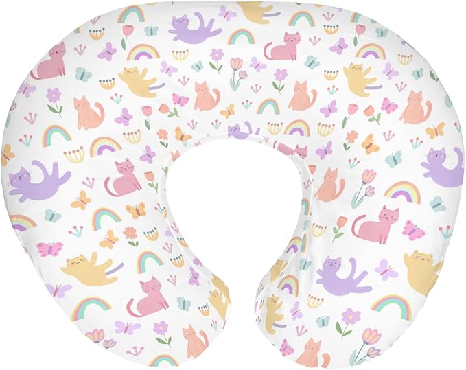 Colorful Cats Rainbow Flowers Baby Nursing Pillow Covers for Boy Girl Rainbow Cats Butterflies Nursing Slipcovers for Breastfeeding Pillows Cats Lover Gift Soft Stretchy Cover for Newborn Infant