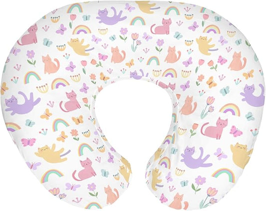 Colorful Cats Rainbow Flowers Baby Nursing Pillow Covers for Boy Girl Rainbow Cats Butterflies Nursing Slipcovers for Breastfeeding Pillows Cats Lover Gift Soft Stretchy Cover for Newborn Infant