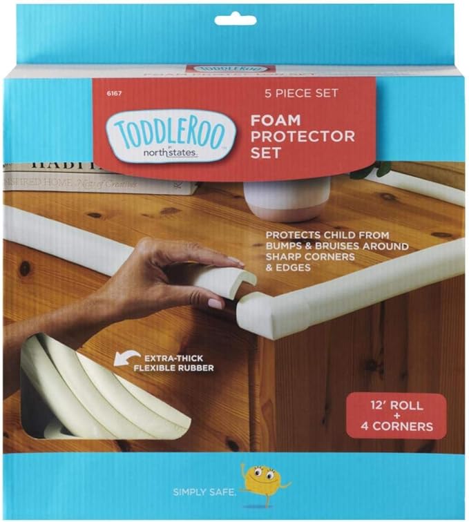 Toddleroo by North States - Foam Edge Protector Set for Baby Proofing: Furniture Corner & Edge Safety Bumpers - 12 Foot Roll of Padding & 4 Corner Protectors - 5 Piece Set - White