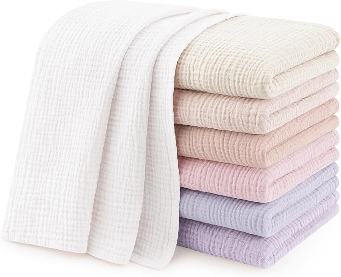 Susurration Muslin Burp Cloths 24x24 Inches Ultra Soft 100% Cotton, 4 or 7 Pack Baby Washcloths for Newborn, Absorbent Burp Rags & Swaddle Blankets