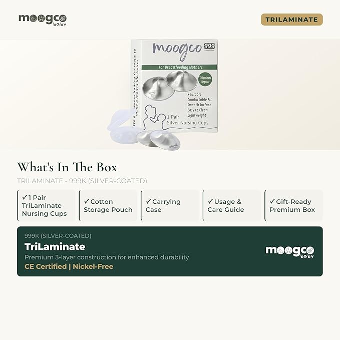 MOOGCO The Original Silver Nursing Cups - Nipple Shields for Breastfeeding Newborn - Breastfeeding Essentials - 999k Tri-Laminate Silver Nipple Covers (Regular Size, Set of 2)