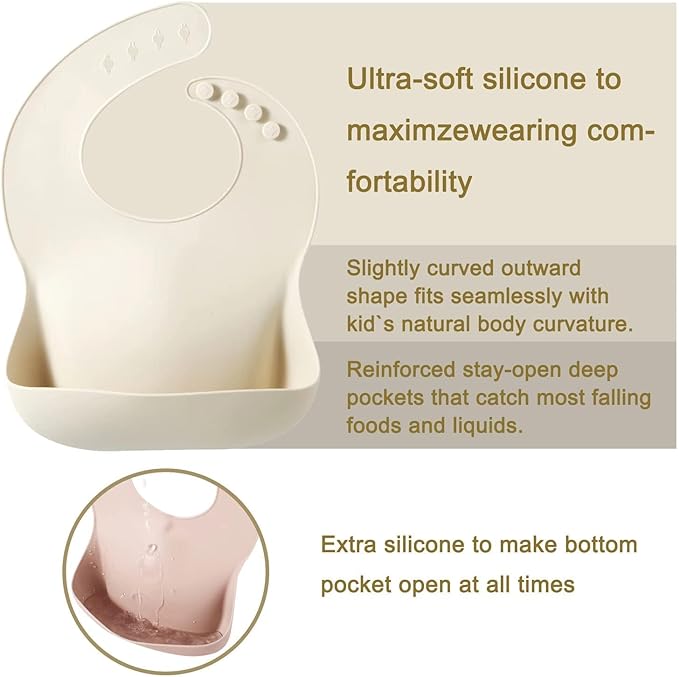 PandaEar Set of 3 Silicone Baby Bibs Waterproof, Soft, Unisex, 10-72 Months (Pink/Purple/Linen)