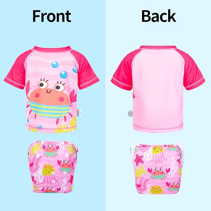 ALVABABY Baby Girl Swimsuit, 2-Piece Infant Toddler Bathing Short Sleeve Swimwear, Small Baby Reusable Swim Diaper with Matching Top