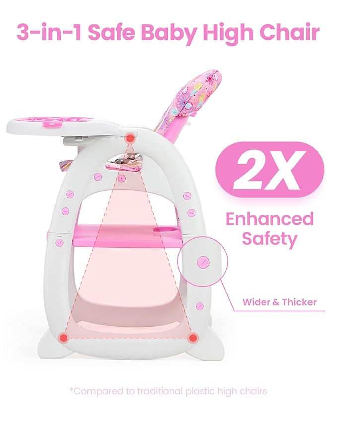 High Chair, Convertible Highchairs for Babies and Toddlers, Easy Clean Baby High Chair, 3 in 1 Feeding Chair for Eating, Adjustable Infant Chair for Toddlers 1-3, Baby Food Chair, Pink
