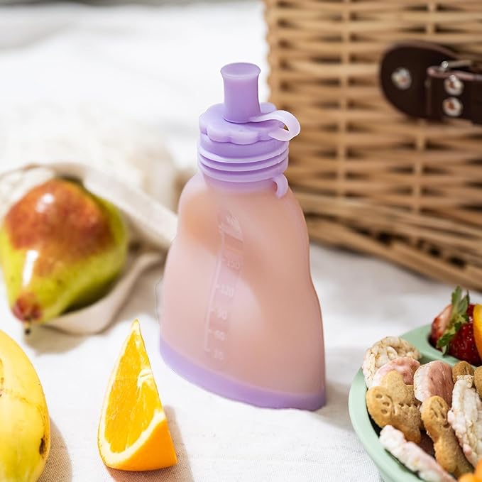 Everusely Reusable Baby Food Pouches for Toddlers - 2 Pack, 6 oz/180 ml, Lavender - Squeezable Silicone Food Pouch - Refillable, Leakproof, Spill Proof Puree Containers - BPA Free - Dishwasher Safe