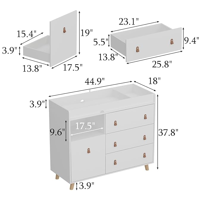 Baby Dresser with Changing Table Top, 4 Drawers Nursery Dresser with Removable Guard, Infant Diaper Changing Station Baby Cloth Organizer for Nursery and Kids Bedroom, White - 44.9" W