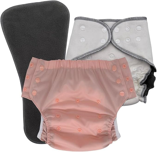 EcoAble Nighttime Cloth Diaper Set for Big Kids, Age 6–16 | Special Needs Protective Briefs for Incontinence & Bedwetting (Blush, Junior 2)