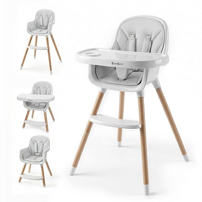 Baby High Chair, Wooden Highchair with Removable Tray, Adjustable Legs, Cushion, 5-Point Harness and Footrest for Infants, Baby, Toddlers, Gray