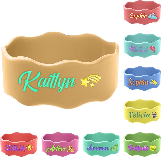 4 Pcs Personalized Water Bottle Labels, Elastic Silicone Daycare Labels, Cute Sippy Cup Strap Reusable Bottle Name Bands Washable Daycare Essentials