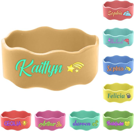 1 Pcs Personalized Water Bottle Labels, Elastic Silicone Daycare Labels, Cute Sippy Cup Strap Reusable Bottle Name Bands Washable Daycare Essentials