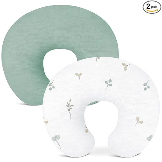 Nursing Pillow Covers 2 Pack, Muslin Nursing Cover for Breastfeeding Pillows, Comfortable for Baby Girls and Boys (Leaf-B & Sage)