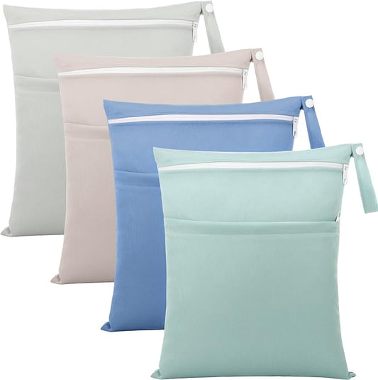 SATINIOR 4 Pack Wet Dry Bags for Baby Cloth Diapers 12x14 Washable Travel Swimsuit Wet Bags Reusable with Two Zippered Pockets for Yoga Gym Swimsuits Travel Beach Pool Soiled Items(Fresh Color)