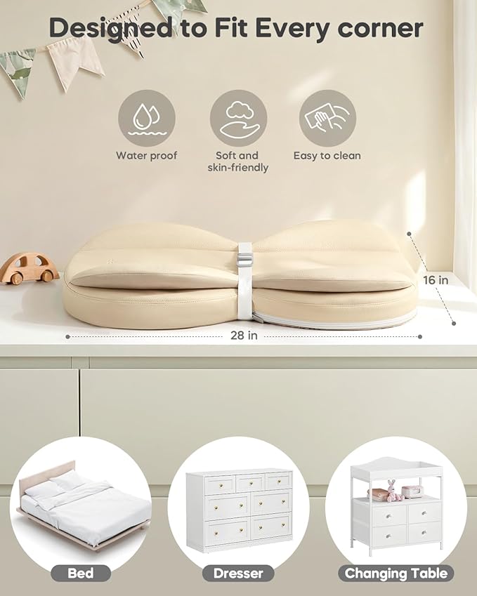 Baby Changing Pad, Waterproof Wipe-Clean PU Leather with High-Density Foam, Non-Slip Contoured Cushioned Edges with Adjustable Safety Strap, for Dresser & Changing Table, 28"×16", Beige