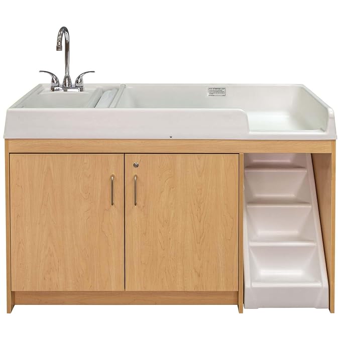 Tot Mate Toddler Diaper Changing Table with Stairs (Right) and Sink (Left) - Ideal Infant Changing Station for Home, Nursery, Daycare - 59-1/2" Wide, Assembled Baby Changer (Maple)