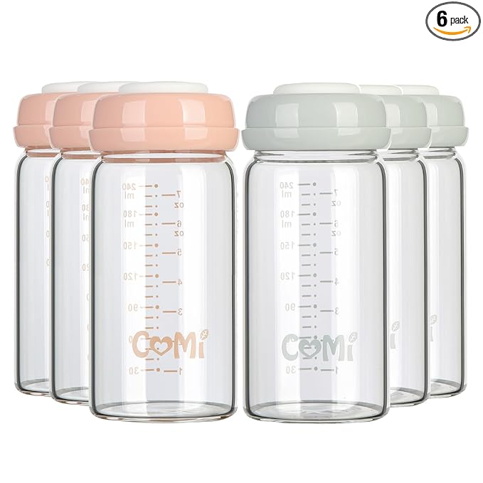 COMI Wide Neck Glass Breastmilk Collection n Storage Bottle, 6 Packs, 8oz with Screw Ring Sealing Disk; Re-markable Sealing Disc. BPA Free, Fits Breast Pumps & Nipples (3 Gray Lids + 3 Pink Lids)