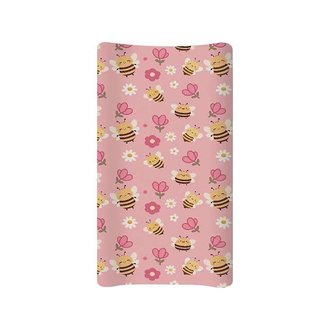 Cute Bee Changing Pad Cover for Baby Pink Comfy Diaper Pad Covers for Changing Table 16x32 Inch Washable Cradle Mattress Sheets Gift for Holiday