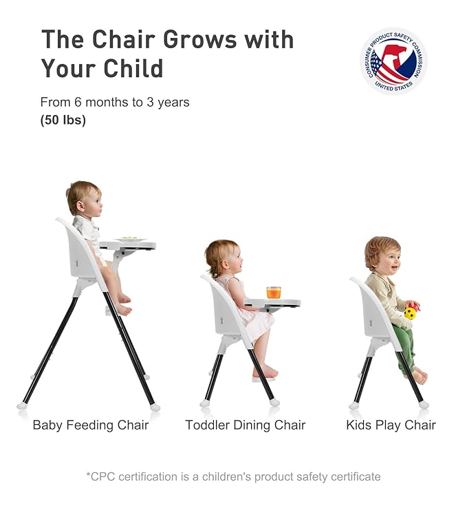 Mallify Foldable High Chair, Space-Saving Portable Baby High Chair with Removable Double Tray, Modern Convertible Baby Feeding Chair, Lightweight, Easy to Clean, White