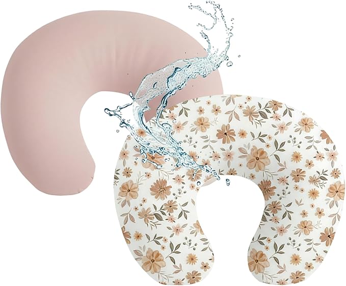 Baby Waterproof Nursing Pillow Cover, Stretchy Nursing Covers for Breastfeeding Pillows, Adorable Infant Feeding Pillow Slipcover for Baby Boy and Girls (Lotus Root Powder + Brown Flowers ﻿)