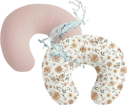 Baby Waterproof Nursing Pillow Cover, Stretchy Nursing Covers for Breastfeeding Pillows, Adorable Infant Feeding Pillow Slipcover for Baby Boy and Girls (Lotus Root Powder + Brown Flowers ﻿)