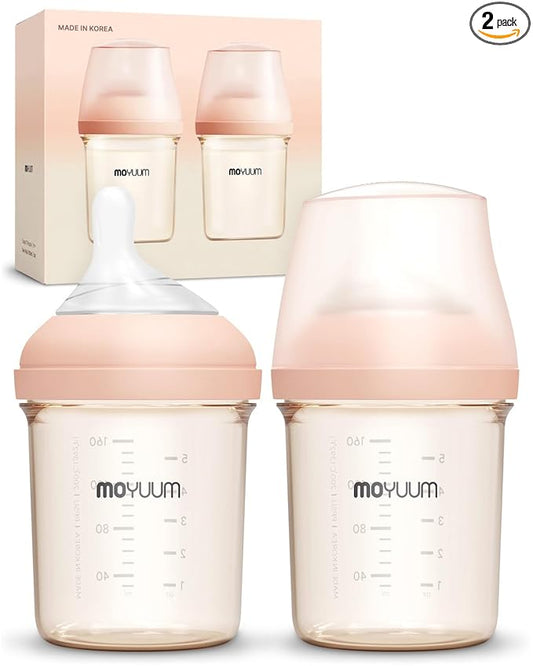 Moyuum MOV.aa Premium PPSU Wide Neck Anti-Colic Baby Bottle | Made in Korea, Microplastic & BPA-Free, Breastfeed Transition, Natural Fit Nipples for Newborns & All Stages - 5 oz (2 Pack, Beige)