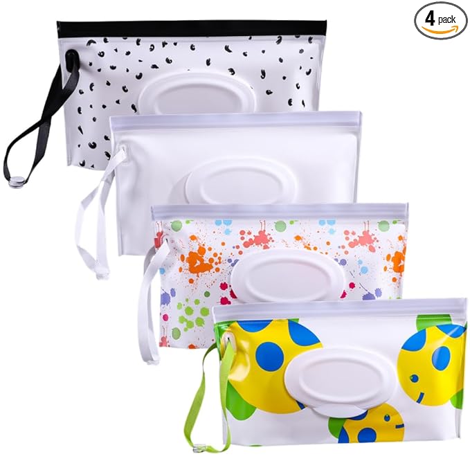 4PCS Baby Wipes Dispenser Travel Baby Wipe Holder Portable Wet Wipe Dispenser Bag Reusable Travel Baby Wipes Container Refillable Wet Wipe Carrying Case Holder Wet Wipe Pouch