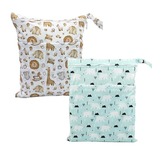 2 Wet Bags With Two Zippered Pockets Reusable Diaper Nappy Waterproof (Farm and Polar Bear)