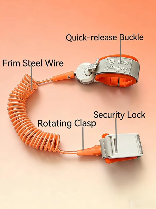 Anti Lost Wrist Link for Kids, Child Safety Leash with Both Ends Quick-Release Buckle, Rotating Clasp, Security Lock, Firm Steel Wire Coil (Orange)