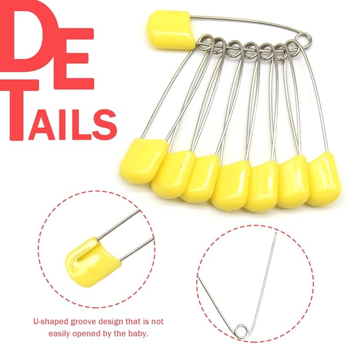 50 PCS Safety Pin 54mm/2.2in Baby Diaper Pins for Cloth Plastic Head Baby Pins for Diapers Stainless Steel Cloth Pins with Locking Closures Nappy Pin for Crafts（DT/Yellow）
