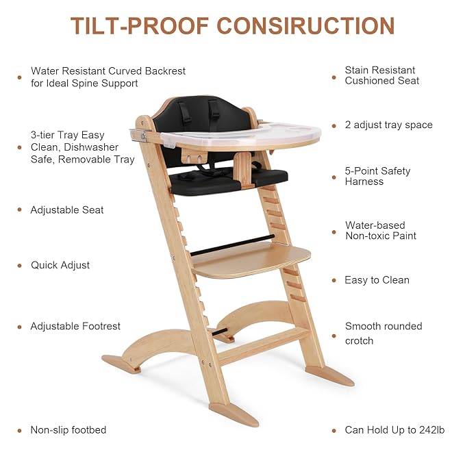 Cowiewie New Upgrade 3-in-1 Convertible Wooden High Chair for Babies & Toddlers 10 Levels Adjustable 3-Tier Remove 2 Waterproof Cozy Cushions Black