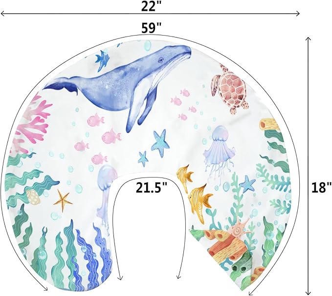 Colorful Ocean Animals Baby Nursing Pillow Covers for Boy Girl Whale Turtle Jellyfish Sea Horse Weeds Nursery Slipcovers for Breastfeeding Pillows Marine Life Soft Stretchy Cover for Newborn Infant