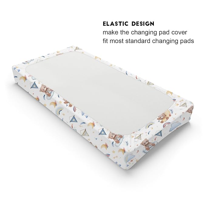 Cartoon Cute Bear Boy Changing Pad Covers Blue Bear Rainbow Moon Stars Clouds Leaf Baby Change Table Sheets Cover for Boys Girls Soft Stretchy Diaper Changing Table Mats 32''x16''