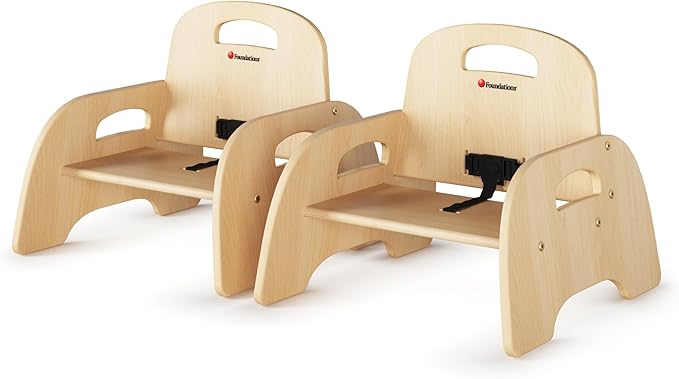 Foundations Simple Sitter Low Wood Feeding Chairs Multipack, Wide No-Tip Base, Adjustable Safety Harness, Stackable Wood Toddler Chairs with Wipeable Finish, 2 Pack, 5 inch