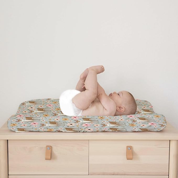 Cute Deer Boho Retro Floral Changing Pad Covers Cartoon Deer Diaper Change Table Pad Cover Sheets for Boys Girls Ultra Soft Breathable Stretch Changing Mat Sheets Cover 32''x16''
