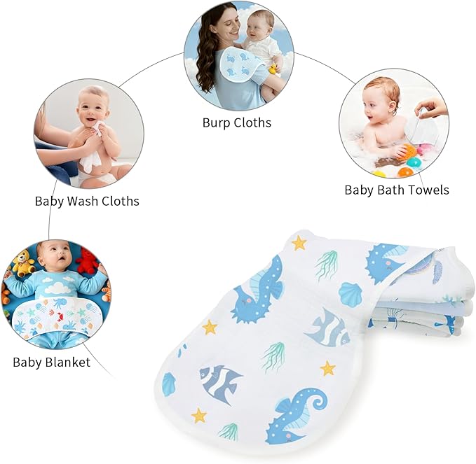 6 Pack Blue Burp Cloths Baby Boys Girls with Ocean Animals Pattern, Large Cotton Burping Clothes for Newborns Gifts Extra Soft and Absorbent 9.8X19.6inches