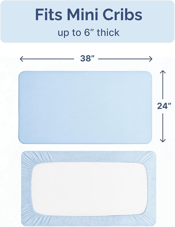 2-Pack Mini Crib Sheets Fitted - Pack N Play Sheets for Pack and Play Mattress - Stretchy Soft Microfiber Playard Bedding - Mini Toddler Bed Cover for Boys & Girls, Oeko-Tex, 38 x 24in, Navy Baby Blue