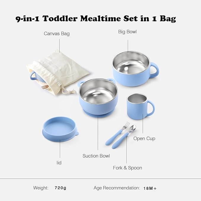 Bakpoco Kids Dinnerware Set - 6 Piese Toddler Plates and Suction Bowls Set with Kids Utensils&Cup, 2 IN 1 Stainless Steel & Silicone Baby Self Feeding Supplies, Blue