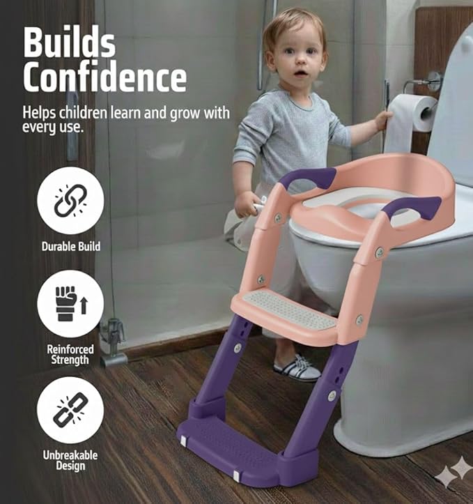 3-in-1 Toddler Potty Training Toilet Seat with Foldable Ladder – Adjustable Toddler Toilet Seat for Boys & Girls with Soft Cushion, Ergonomic Backrest, Non-Slip Pedal and Safety Grips (Pink & Purple)